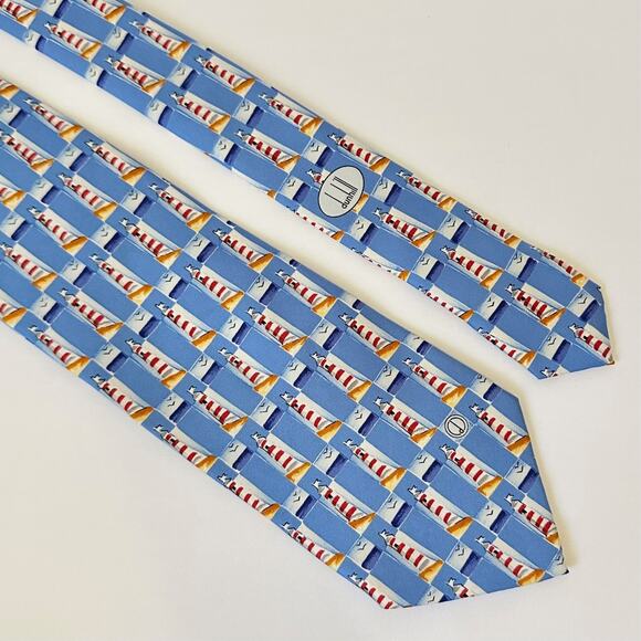 DUNHILL Neck Tie Mens Light Blue Geometric Light House Luxury Silk Preppy Work - Picture 4 of 9